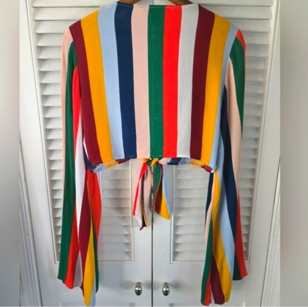 Title:Forever 21 Multicolor Stripe Tie Front Bell Sleeve Crop Top Boho Festival - Picture 6 of 7